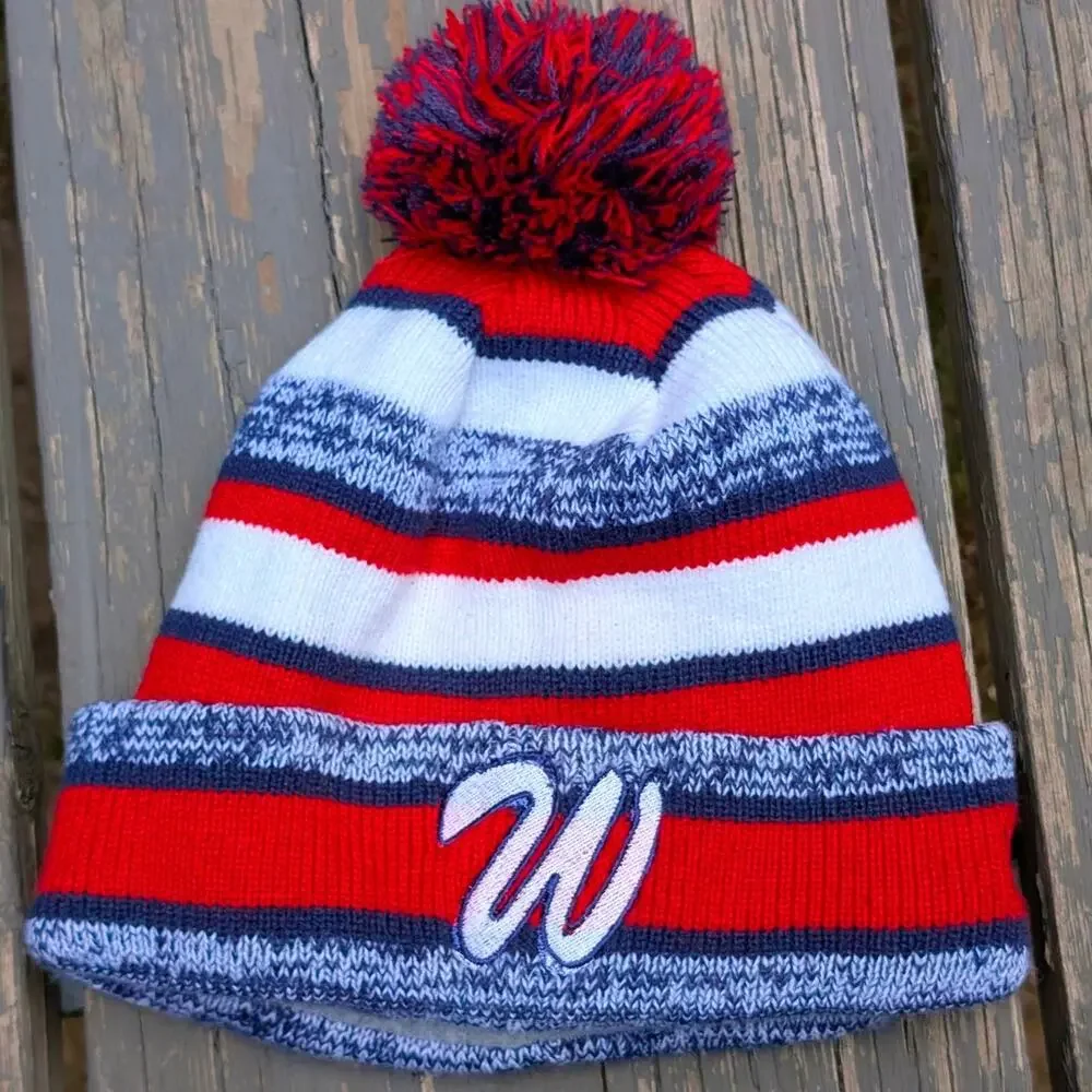 Washington Nationals MLB New Era Pom Beanie Hat Fleece Wool Lined Striped
